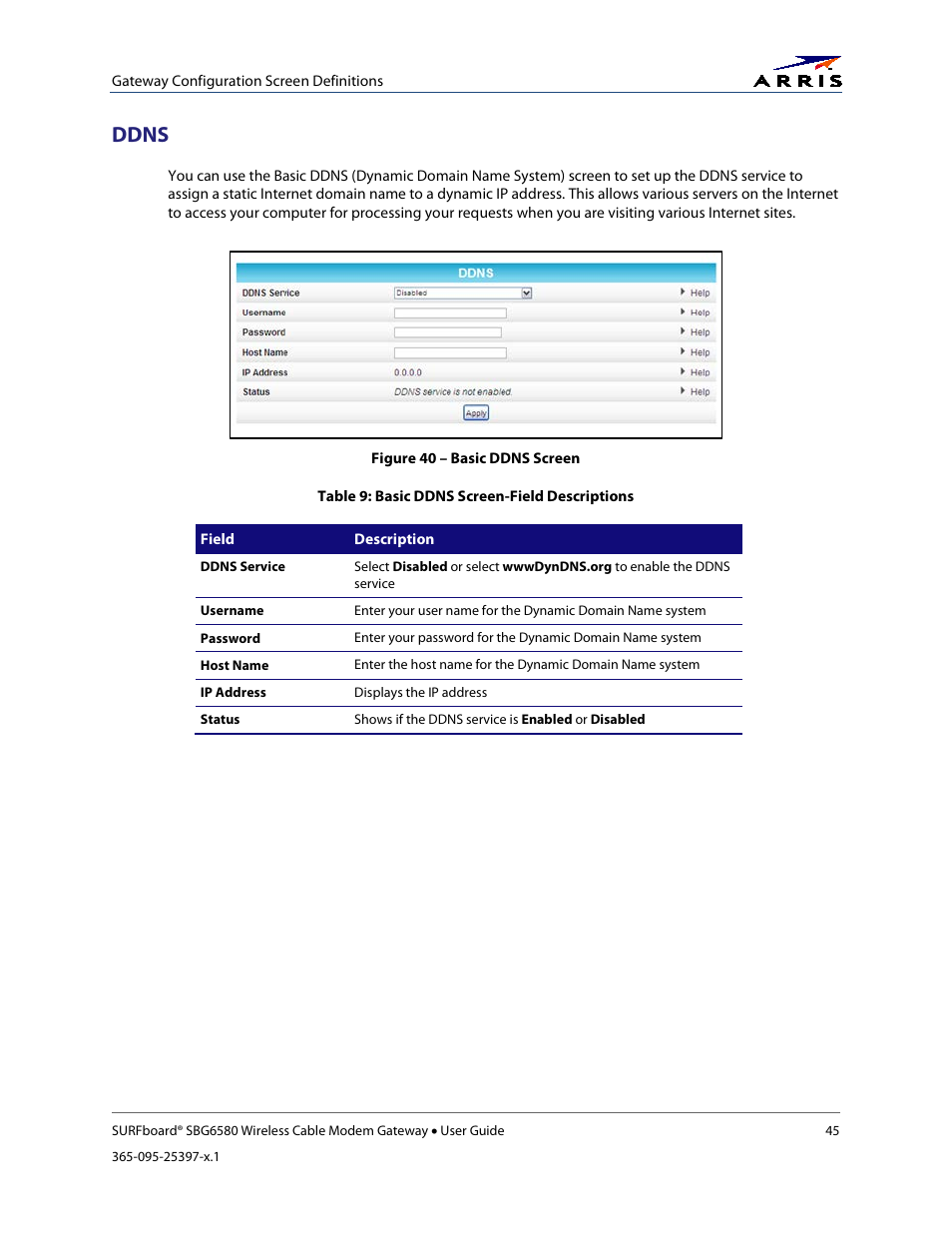 Ddns, Table 9: basic ddns screen-field descriptions, Figure 40 – basic ddns screen | ARRIS SBG6580 User Guide User Manual | Page 56 / 74