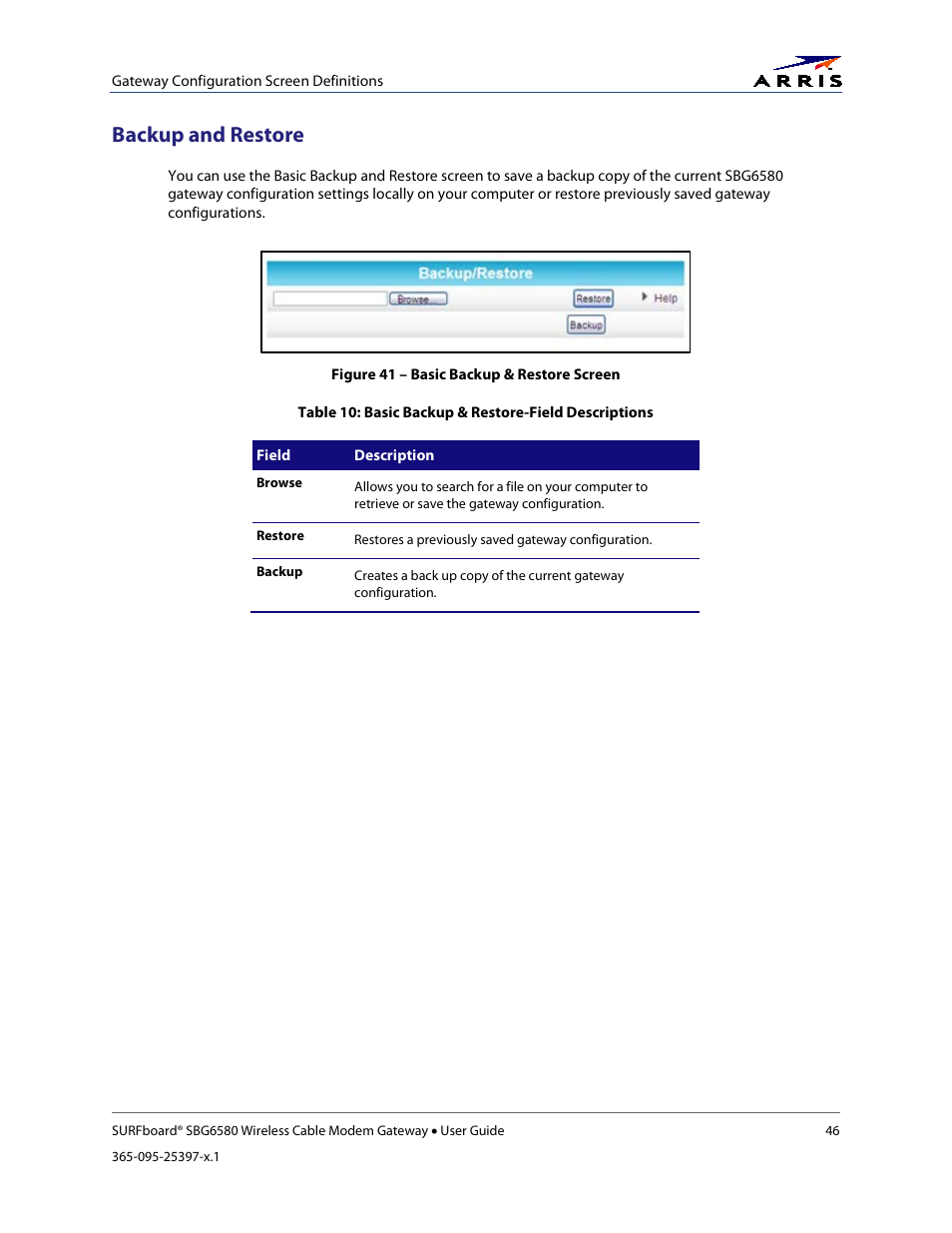 Backup and restore, Figure 41 – basic backup & restore screen | ARRIS SBG6580 User Guide User Manual | Page 57 / 74