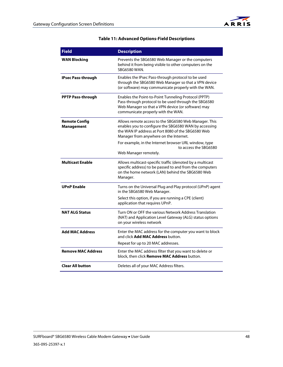 Table 11: advanced options-field descriptions | ARRIS SBG6580 User Guide User Manual | Page 59 / 74