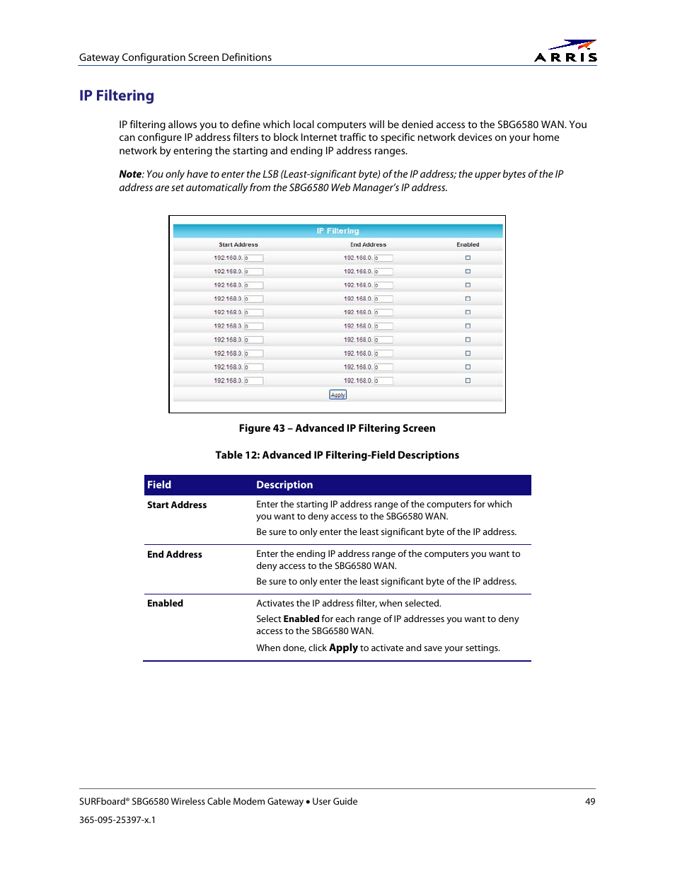Ip filtering, Table 12: advanced ip filtering-field descriptions, Figure 43 – advanced ip filtering screen | ARRIS SBG6580 User Guide User Manual | Page 60 / 74