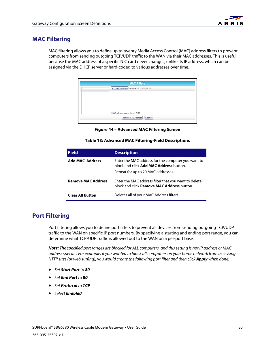 Mac filtering, Port filtering, Figure 44 – advanced mac filtering screen | ARRIS SBG6580 User Guide User Manual | Page 61 / 74