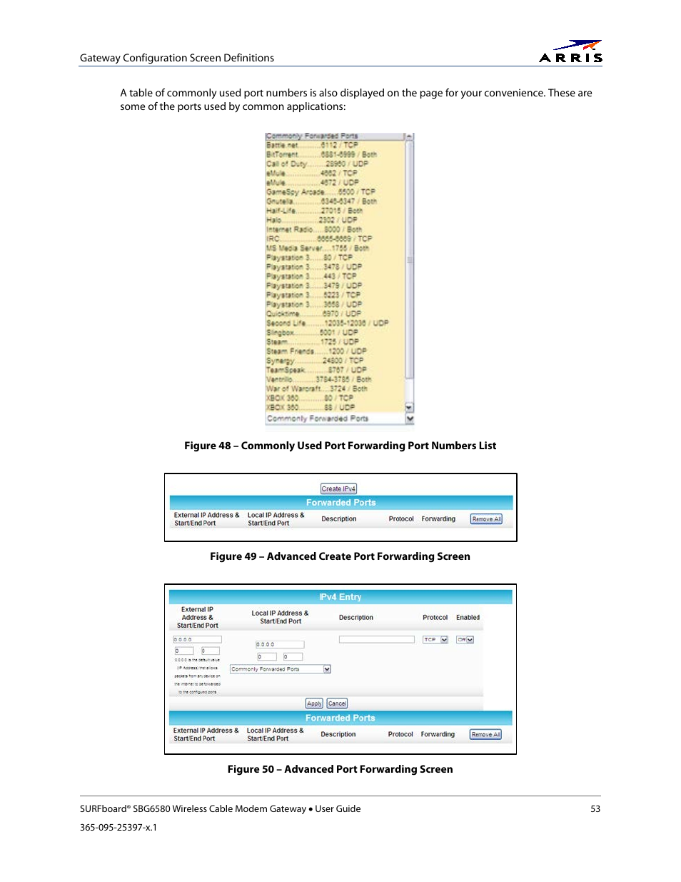 Figure 49 – advanced create port forwarding screen, Figure 50 – advanced port forwarding screen | ARRIS SBG6580 User Guide User Manual | Page 64 / 74