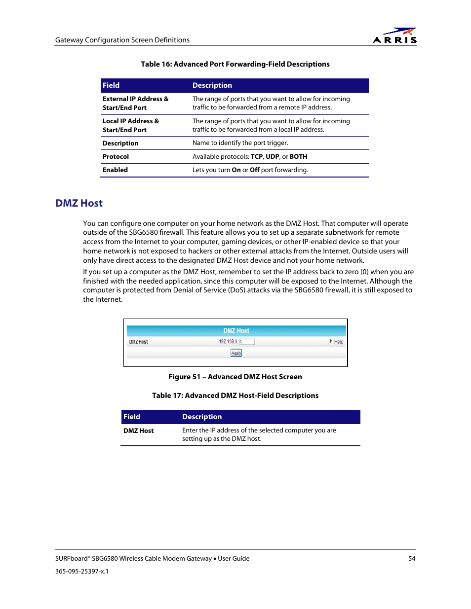 Dmz host, Table 17: advanced dmz host-field descriptions, Figure 51 – advanced dmz host screen | ARRIS SBG6580 User Guide User Manual | Page 65 / 74