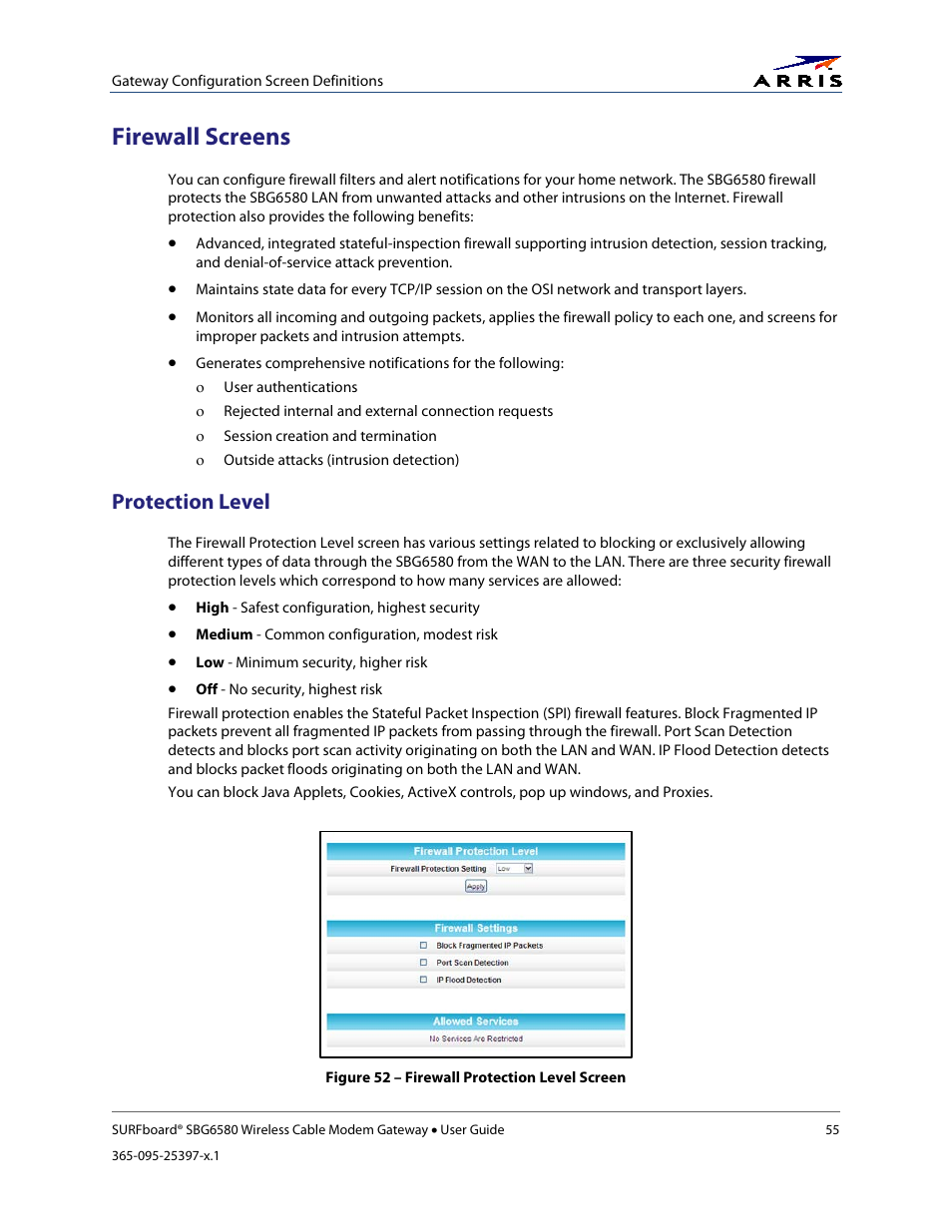 Firewall screens, Protection level, Figure 52 – firewall protection level screen | Firewall | ARRIS SBG6580 User Guide User Manual | Page 66 / 74