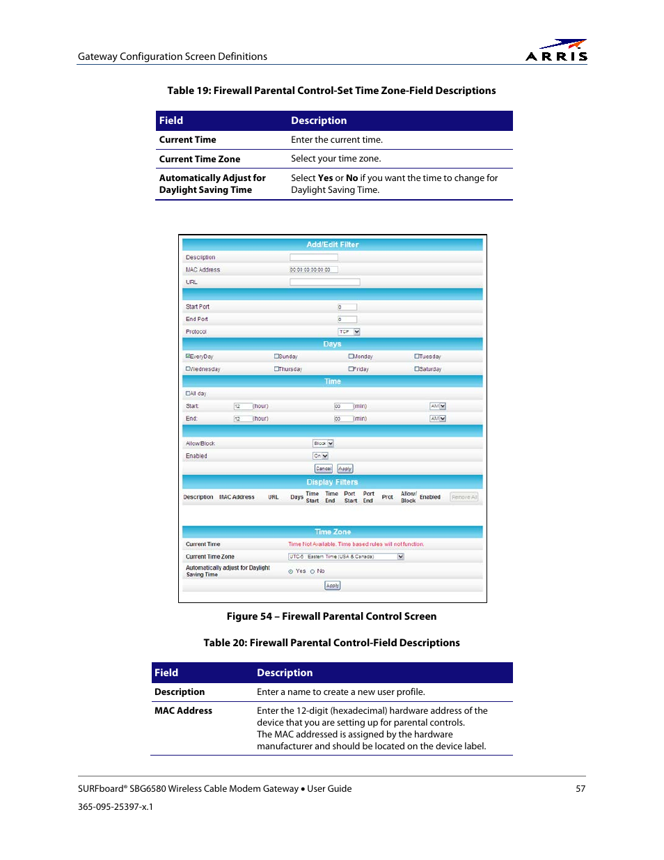 Figure 54 – firewall parental control screen | ARRIS SBG6580 User Guide User Manual | Page 68 / 74
