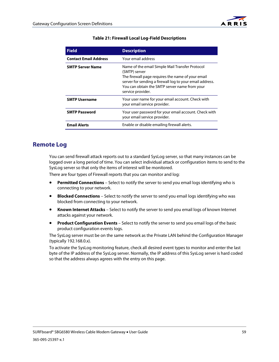 Remote log, Table 21: firewall local log-field descriptions | ARRIS SBG6580 User Guide User Manual | Page 70 / 74