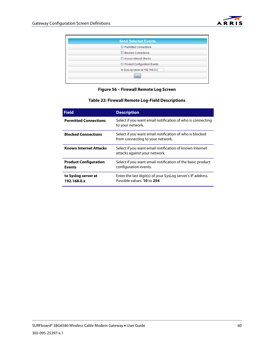 Table 22: firewall remote log-field descriptions, Figure 56 – firewall remote log screen | ARRIS SBG6580 User Guide User Manual | Page 71 / 74