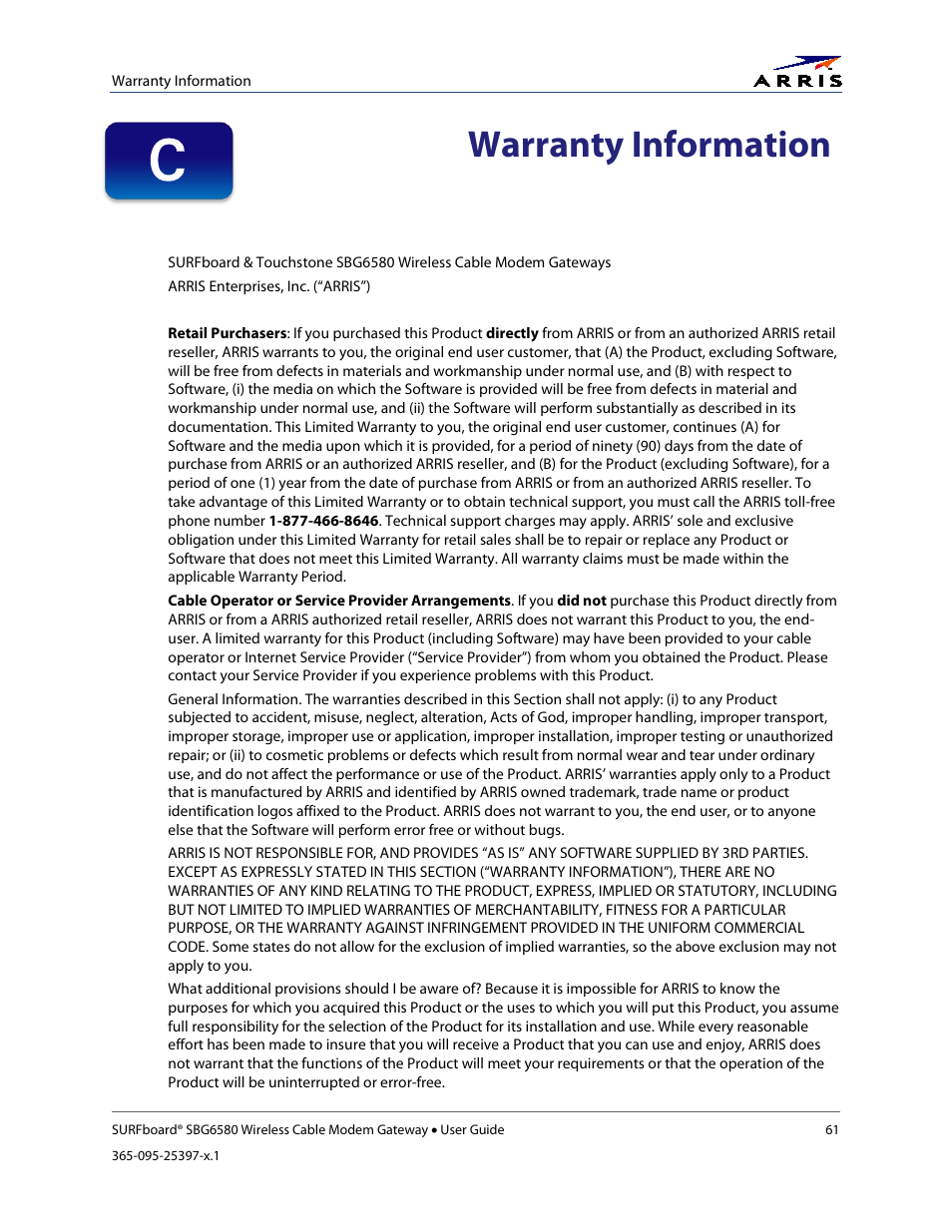 Warranty information | ARRIS SBG6580 User Guide User Manual | Page 72 / 74