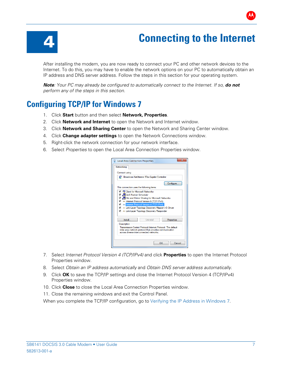 Connecting to the internet, Configuring tcp/ip for windows 7 | ARRIS SB6141 User Guide User Manual | Page 12 / 24