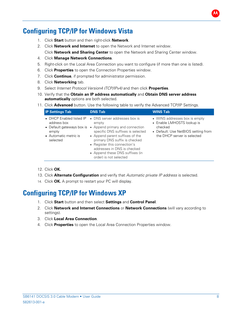 Configuring tcp/ip for windows vista, Configuring tcp/ip for windows xp | ARRIS SB6141 User Guide User Manual | Page 13 / 24