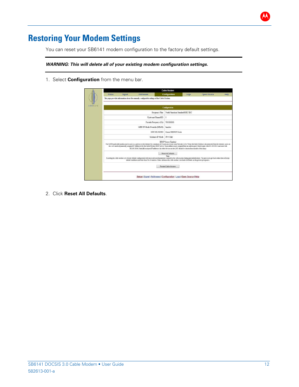 Restoring your modem settings | ARRIS SB6141 User Guide User Manual | Page 17 / 24