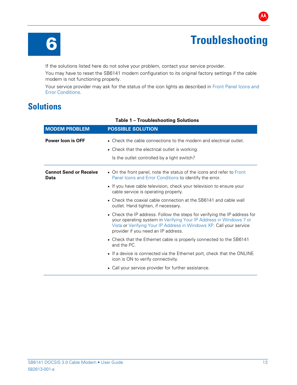 Troubleshooting, Solutions | ARRIS SB6141 User Guide User Manual | Page 18 / 24