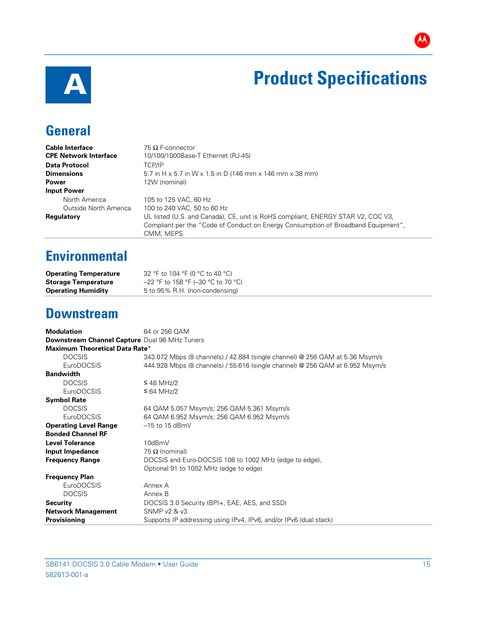 Product specifications, General, Environmental | Downstream | ARRIS SB6141 User Guide User Manual | Page 20 / 24