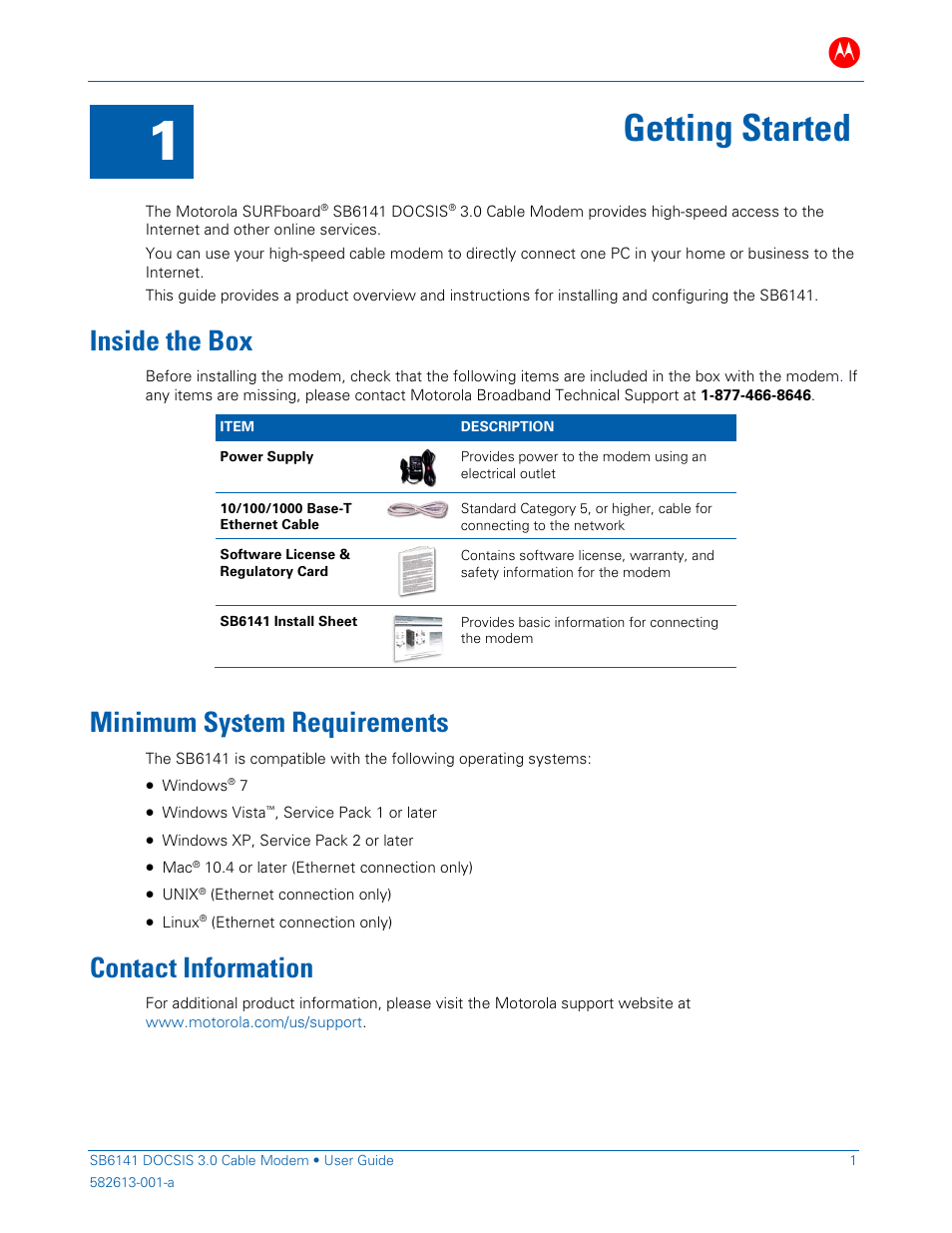 Getting started, Inside the box, Minimum system requirements | Contact information | ARRIS SB6141 User Guide User Manual | Page 6 / 24