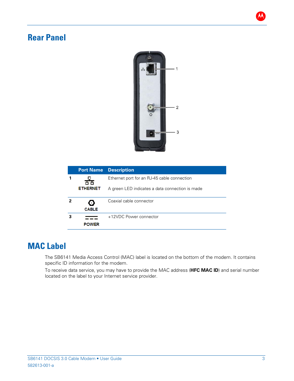 Rear panel, Mac label | ARRIS SB6141 User Guide User Manual | Page 8 / 24