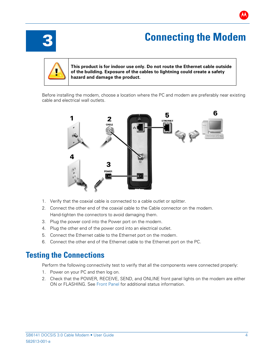 Connecting the modem, Testing the connections | ARRIS SB6141 User Guide User Manual | Page 9 / 24