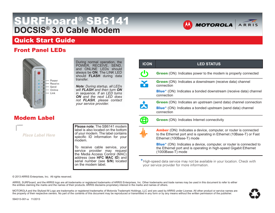Surfboard, Sb6141, Docsis | 0 cable modem, Quick start guide, Front panel leds, Modem label | ARRIS SB6141 Quick Start Guide User Manual | Page 2 / 2