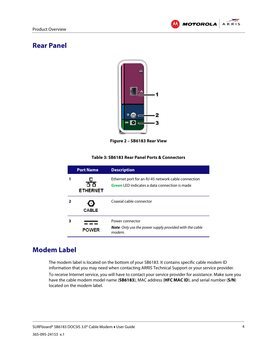 Rear panel, Modem label, Table 3: sb6183 rear panel ports & connectors | Figure 2 – sb6183 rear view | ARRIS SB6183 User Guide User Manual | Page 10 / 24