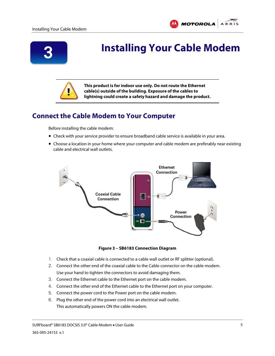 Connect the cable modem to your computer, Installing your cable modem, Figure 3 – sb6183 connection diagram | ARRIS SB6183 User Guide User Manual | Page 11 / 24