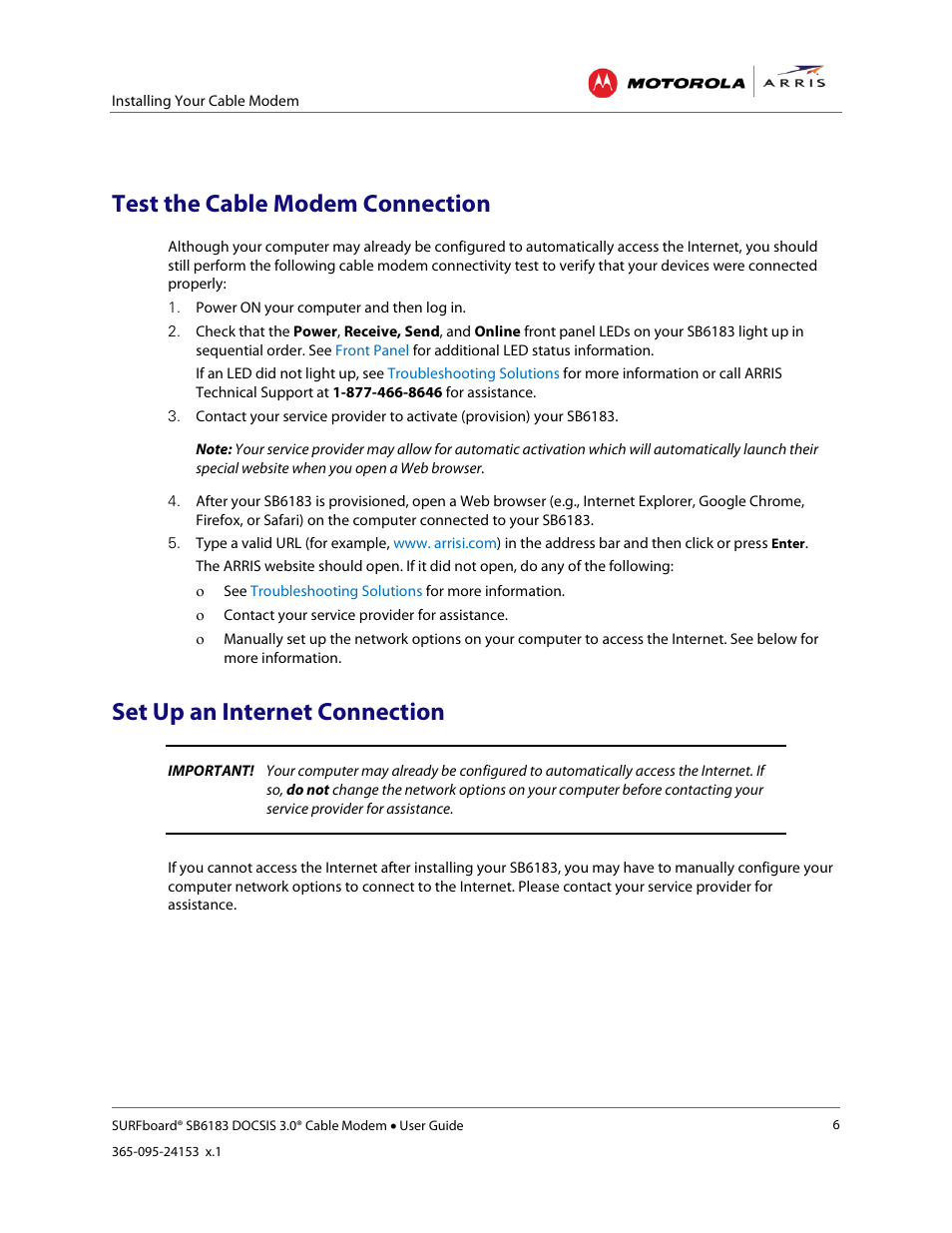 Test the cable modem connection, Set up an internet connection | ARRIS SB6183 User Guide User Manual | Page 12 / 24