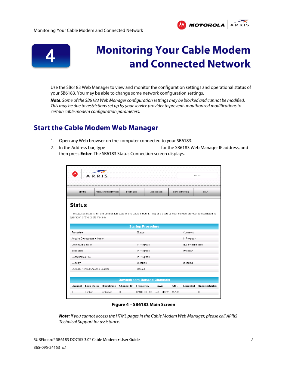 Start the cable modem web manager, Monitoring your cable modem and connected network, Figure 4 – sb6183 main screen | ARRIS SB6183 User Guide User Manual | Page 13 / 24