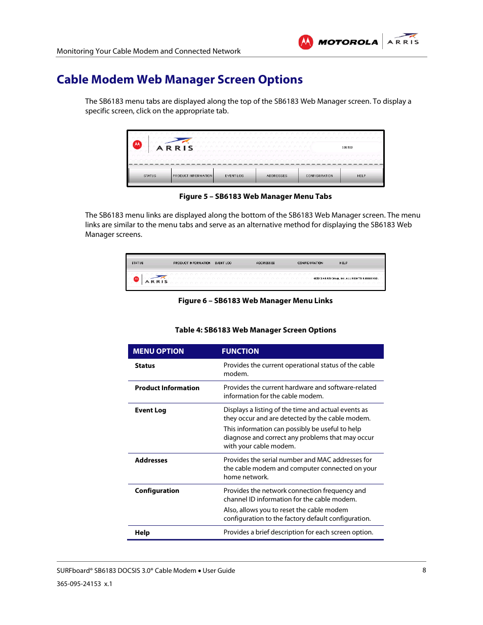 Cable modem web manager screen options, Table 4: sb6183 web manager screen options, Figure 5 – sb6183 web manager menu tabs | Figure 6 – sb6183 web manager menu links | ARRIS SB6183 User Guide User Manual | Page 14 / 24