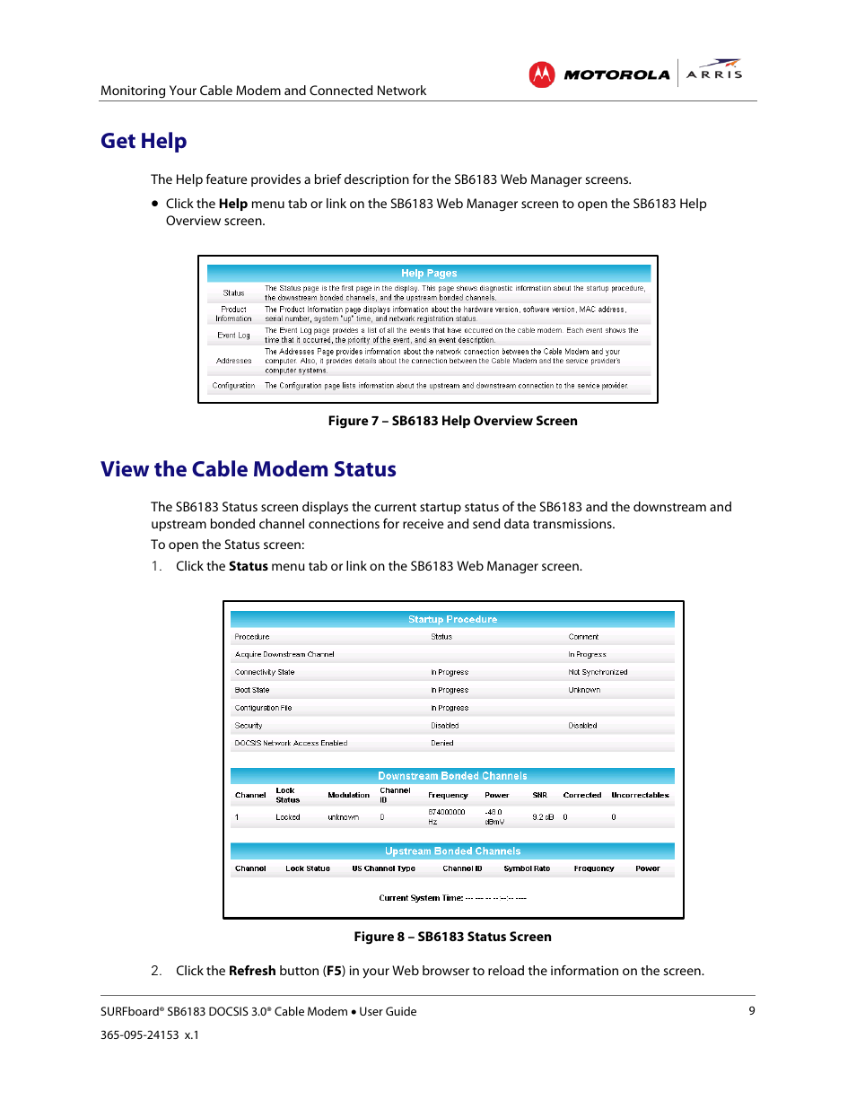 Get help, View the cable modem status, Figure 7 – sb6183 help overview screen | Figure 8 – sb6183 status screen | ARRIS SB6183 User Guide User Manual | Page 15 / 24