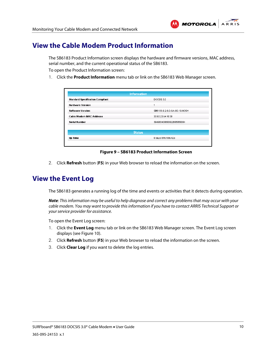 View the cable modem product information, View the event log, Figure 9 – sb6183 product information screen | ARRIS SB6183 User Guide User Manual | Page 16 / 24