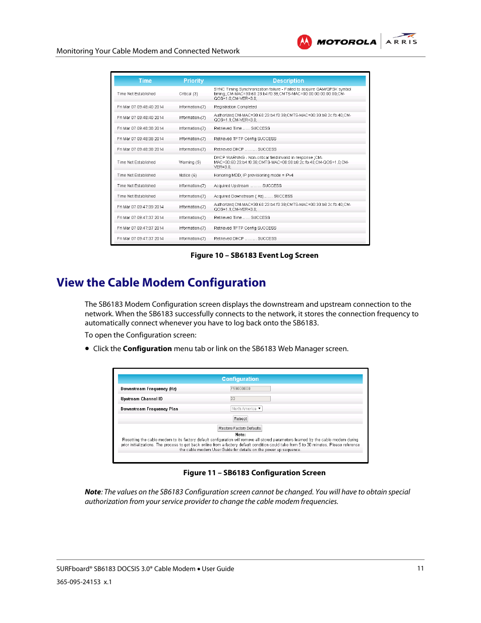 View the cable modem configuration, Figure 10 – sb6183 event log screen, Figure 11 – sb6183 configuration screen | ARRIS SB6183 User Guide User Manual | Page 17 / 24
