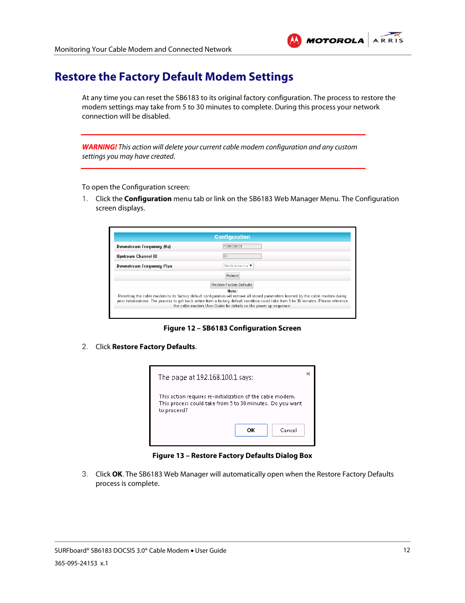 Restore the factory default modem settings, Figure 12 – sb6183 configuration screen, Figure 13 – restore factory defaults dialog box | ARRIS SB6183 User Guide User Manual | Page 18 / 24