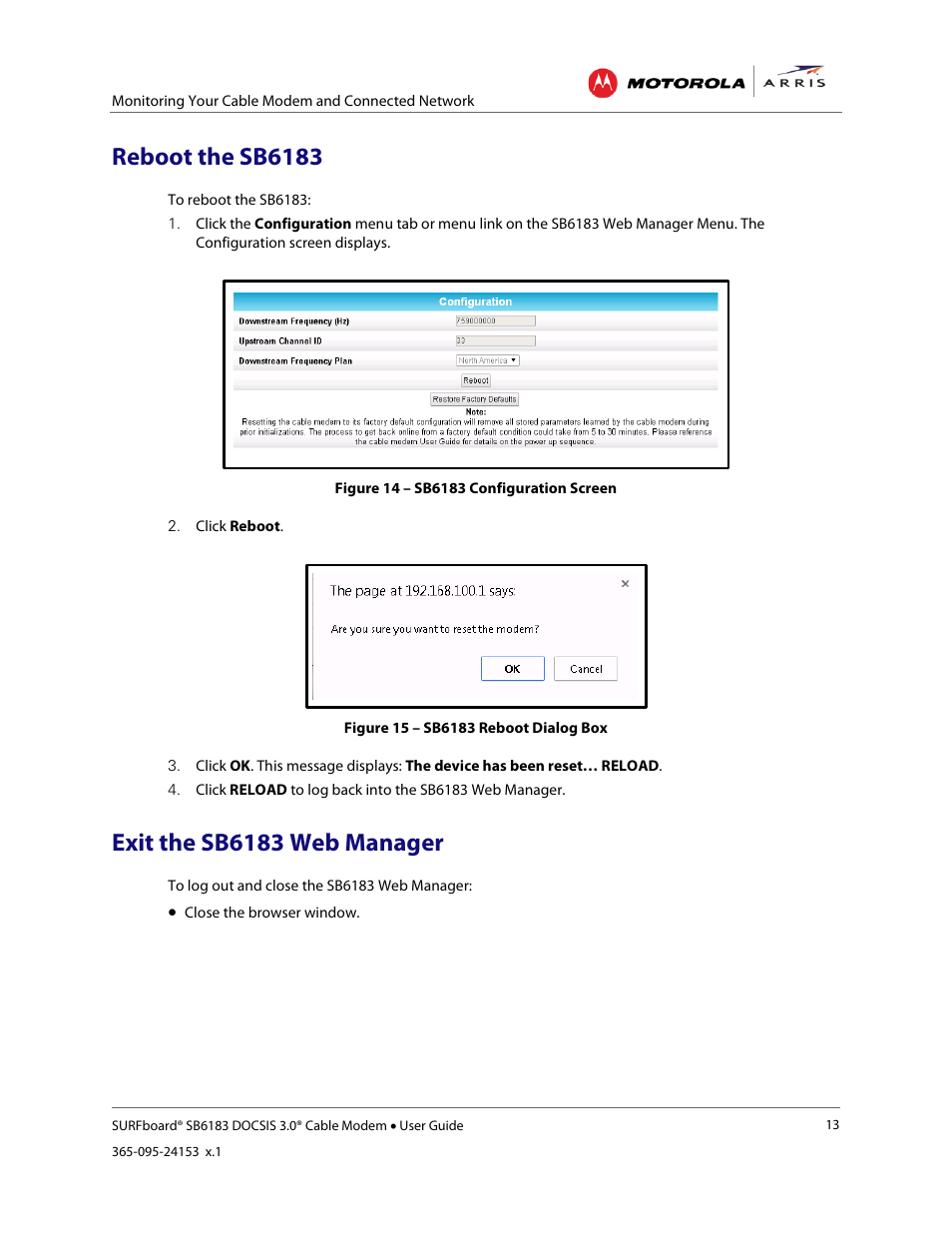 Reboot the sb6183, Exit the sb6183 web manager, Figure 14 – sb6183 configuration screen | Figure 15 – sb6183 reboot dialog box | ARRIS SB6183 User Guide User Manual | Page 19 / 24