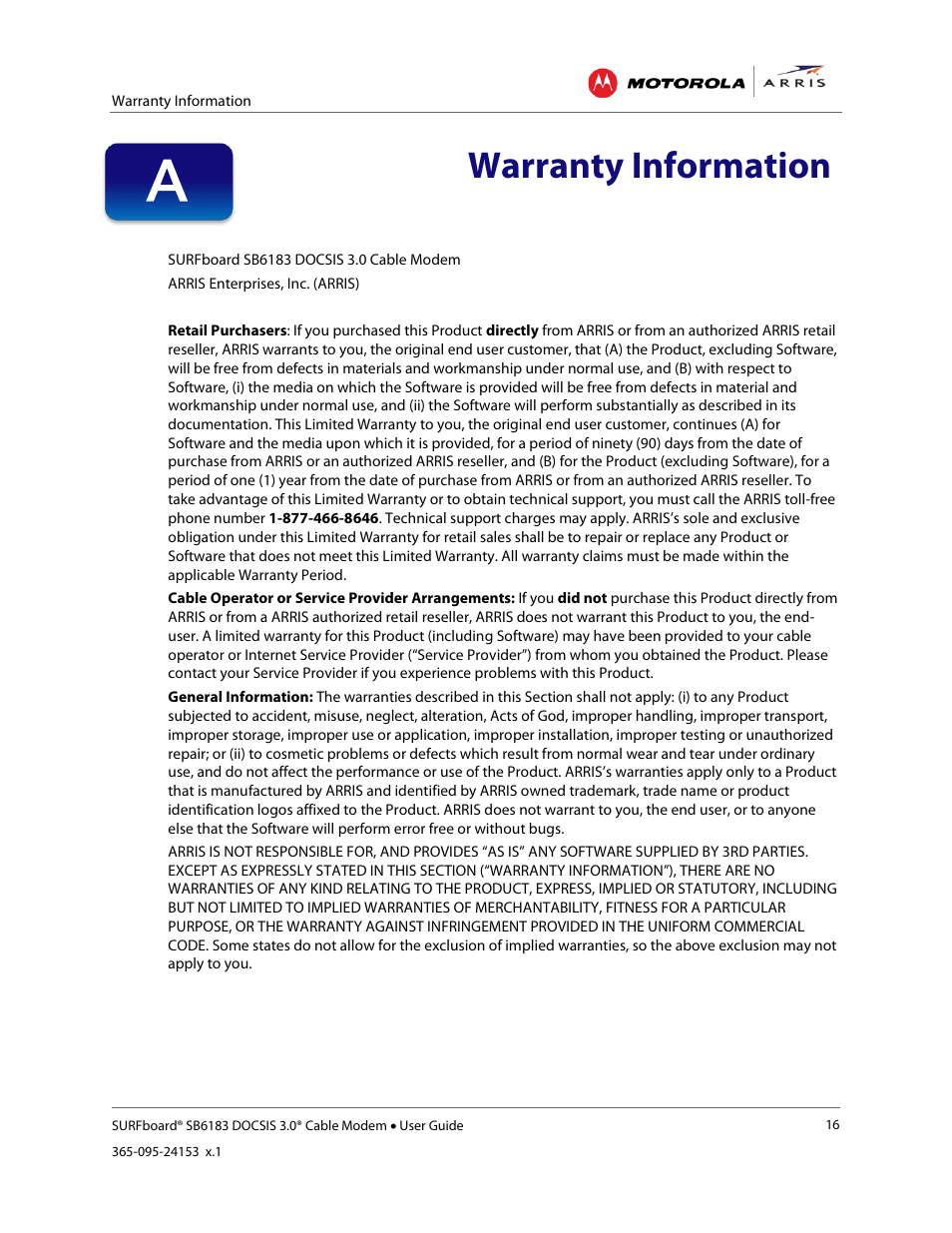 Warranty information | ARRIS SB6183 User Guide User Manual | Page 22 / 24