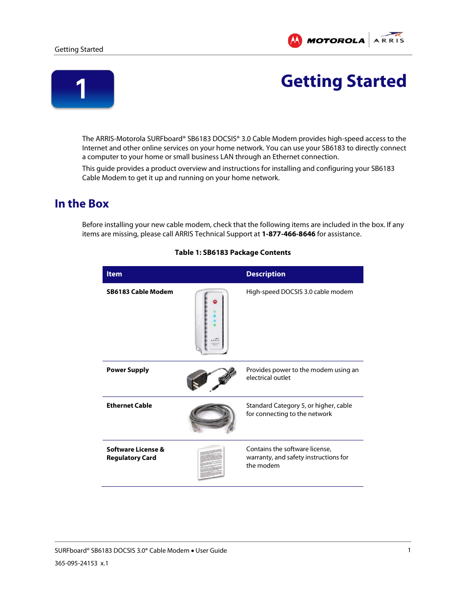 In the box, Getting started, Table 1: sb6183 package contents | ARRIS SB6183 User Guide User Manual | Page 7 / 24