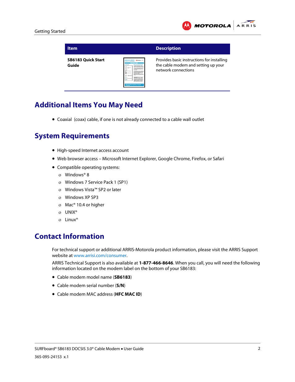 Additional items you may need, System requirements, Contact information | ARRIS SB6183 User Guide User Manual | Page 8 / 24