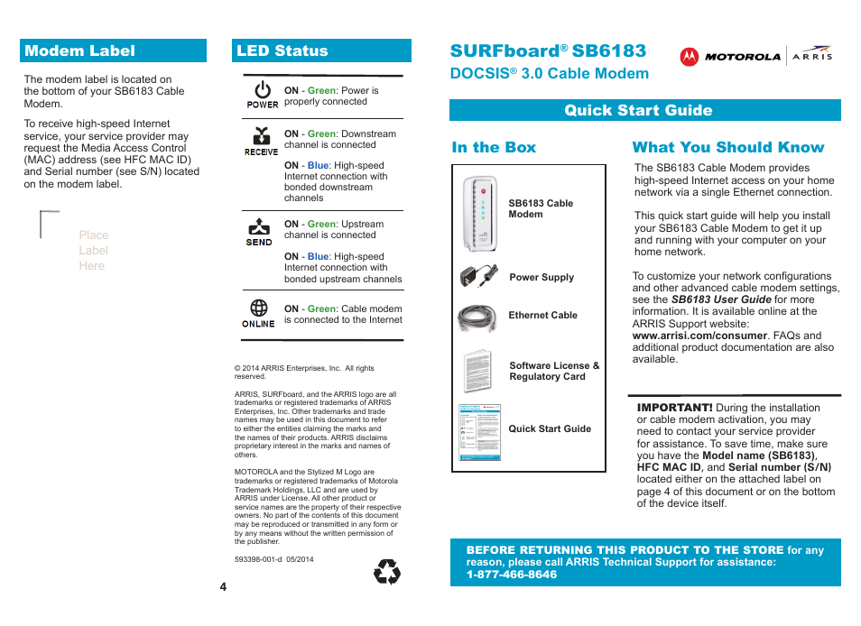 ARRIS SB6183 Qiuck Start Guide User Manual | 2 pages