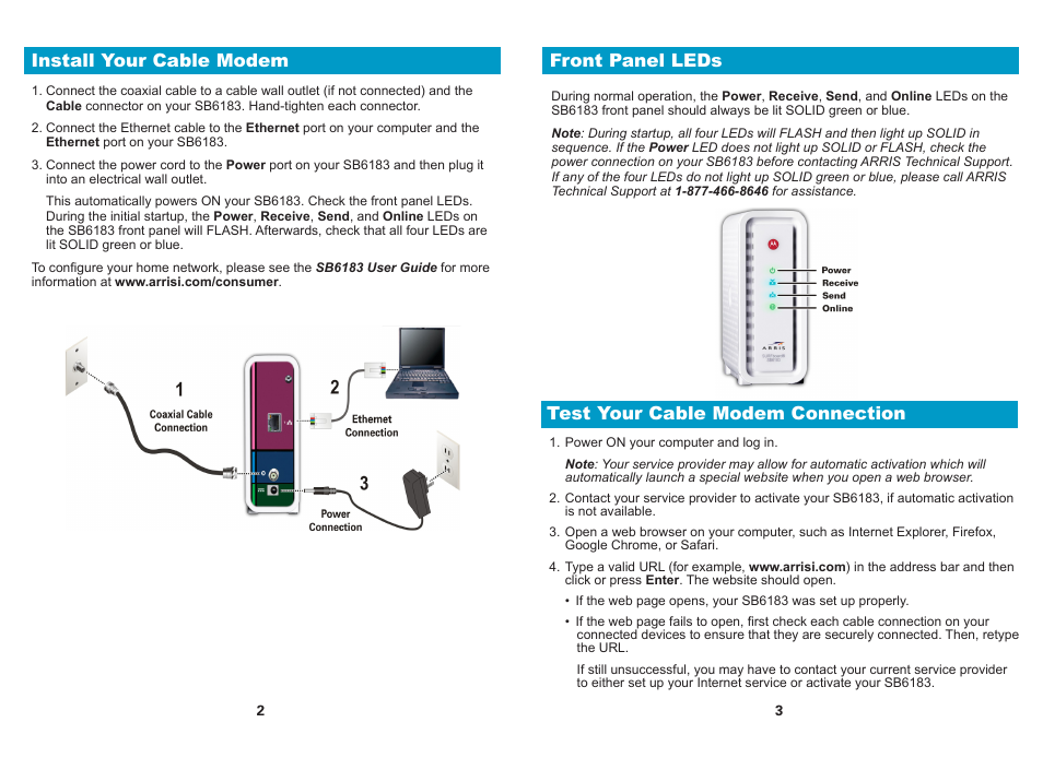 Install your cable modem, Front panel leds, Test your cable modem connection | ARRIS SB6183 Qiuck Start Guide User Manual | Page 2 / 2