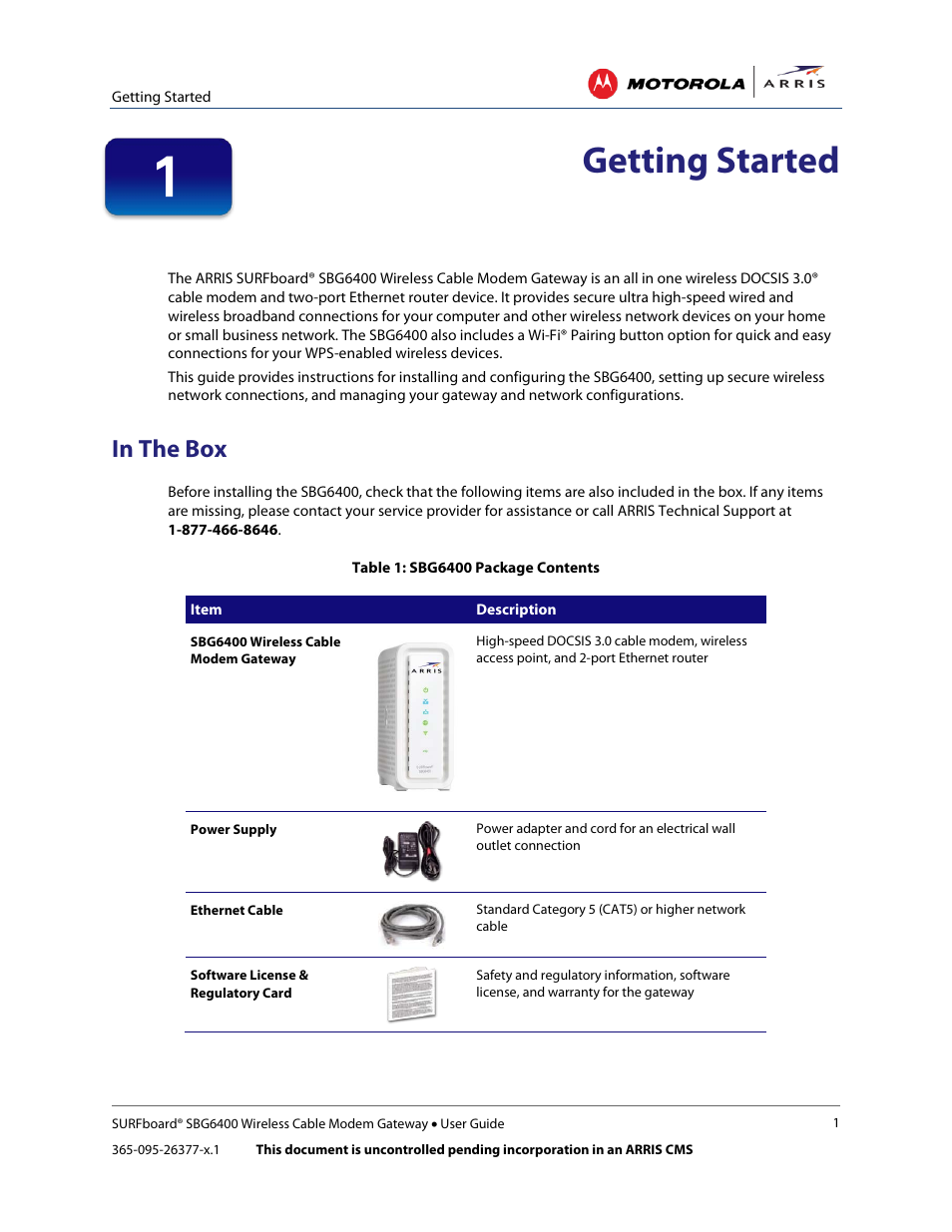 Getting started, In the box, Table 1: sbg6400 package contents | ARRIS SBG6400 User Guide User Manual | Page 10 / 59