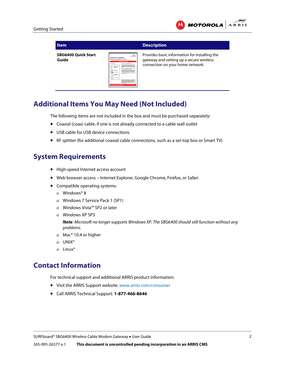 Additional items you may need (not included), System requirements, Contact information | ARRIS SBG6400 User Guide User Manual | Page 11 / 59