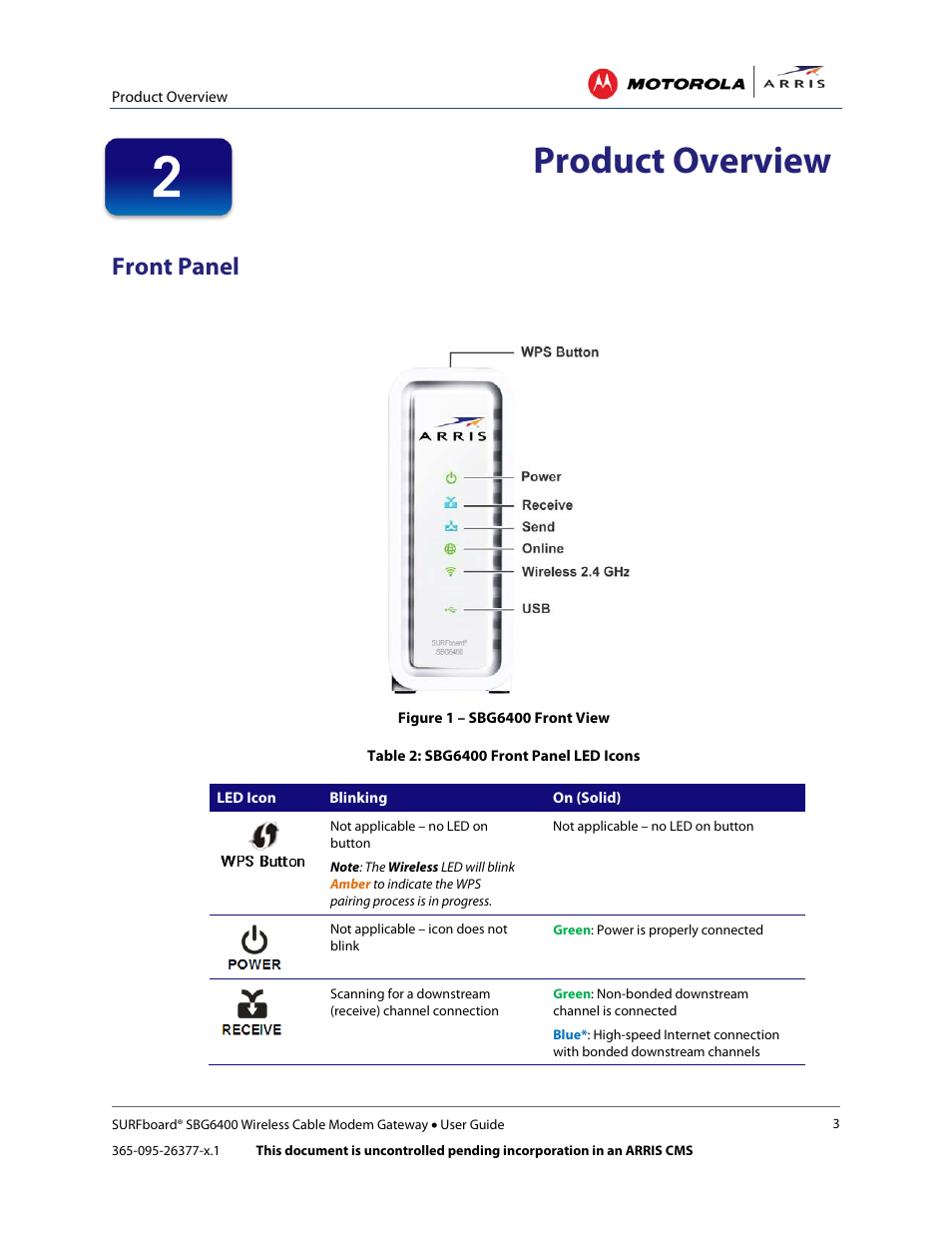 Product overview, Front panel, Table 2: sbg6400 front panel led icons | Figure 1 – sbg6400 front view | ARRIS SBG6400 User Guide User Manual | Page 12 / 59