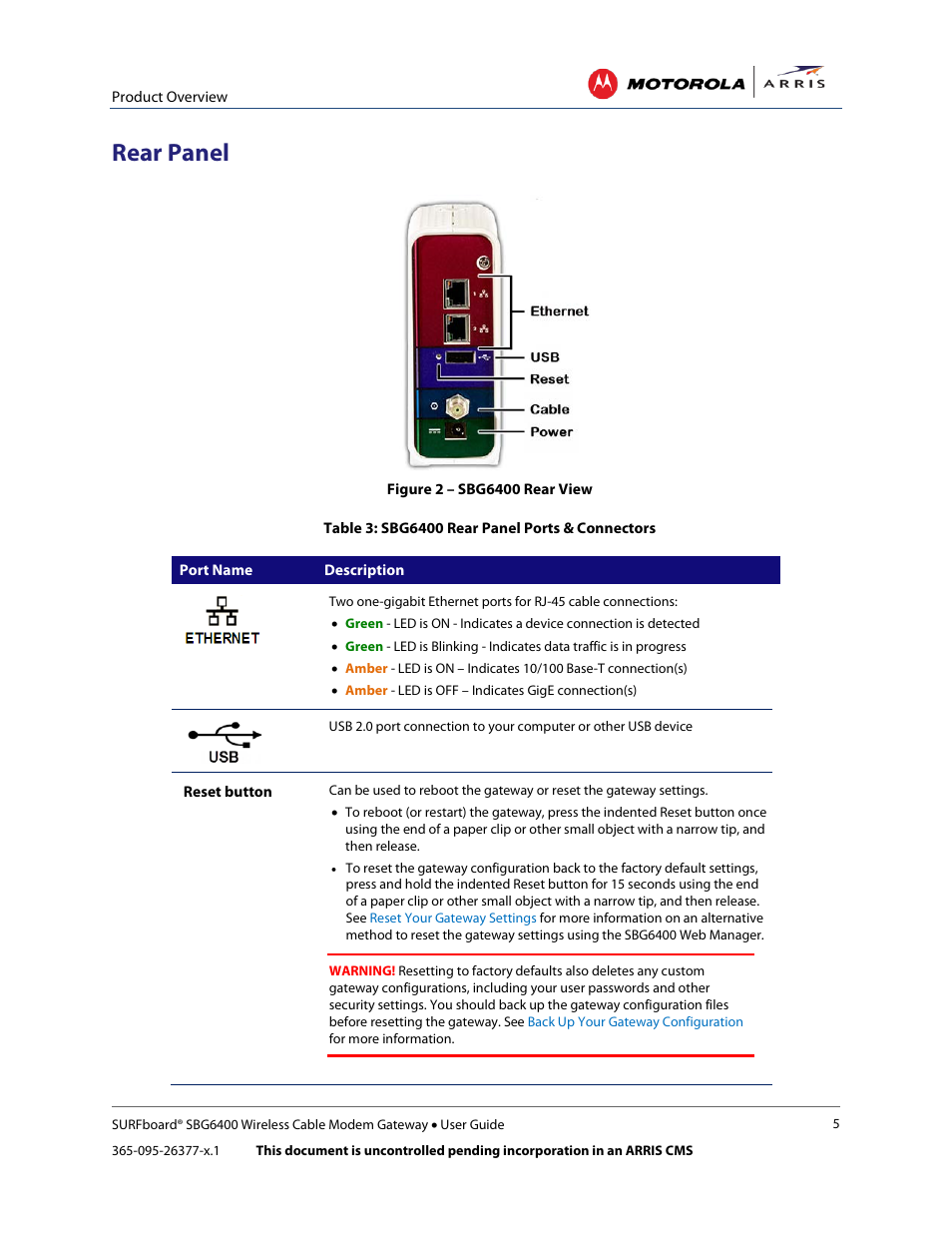 Rear panel, Table 3: sbg6400 rear panel ports & connectors, Figure 2 – sbg6400 rear view | ARRIS SBG6400 User Guide User Manual | Page 14 / 59