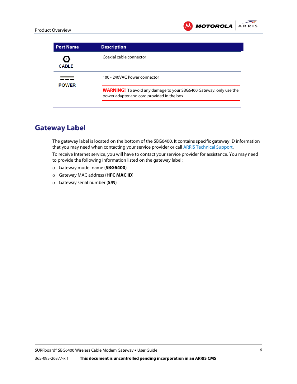 Gateway label | ARRIS SBG6400 User Guide User Manual | Page 15 / 59