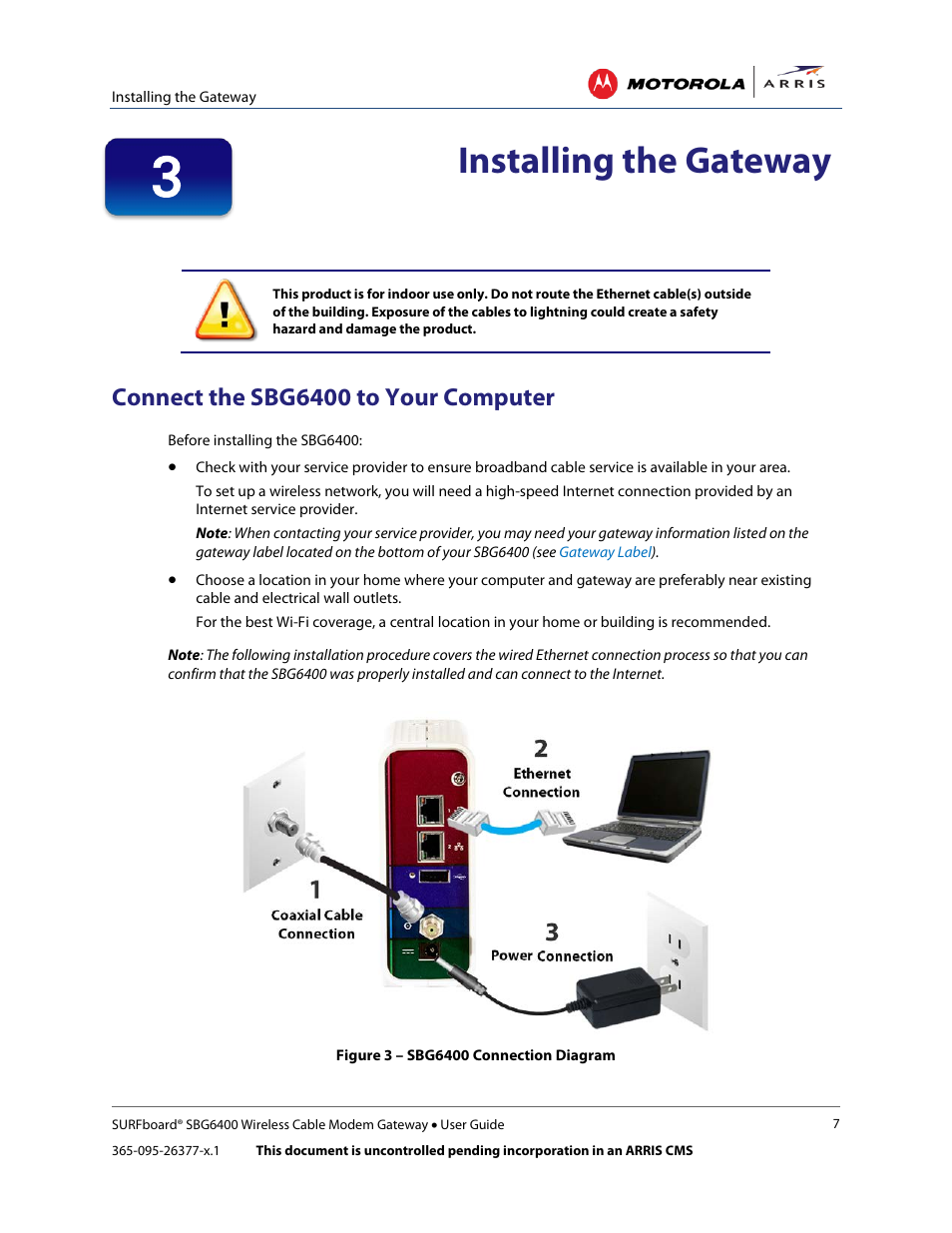 Installing the gateway, Connect the sbg6400 to your computer, Figure 3 – sbg6400 connection diagram | ARRIS SBG6400 User Guide User Manual | Page 16 / 59