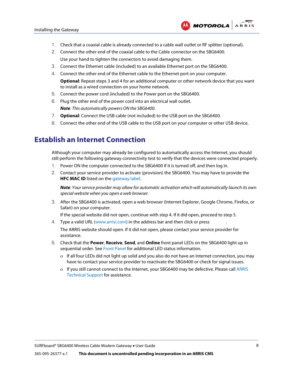 Establish an internet connection | ARRIS SBG6400 User Guide User Manual | Page 17 / 59