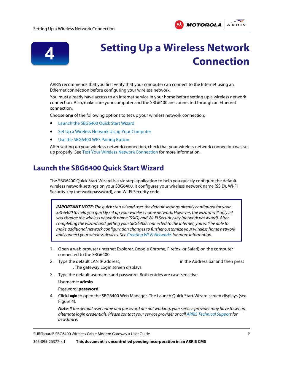 Setting up a wireless network connection, Launch the sbg6400 quick start wizard | ARRIS SBG6400 User Guide User Manual | Page 18 / 59