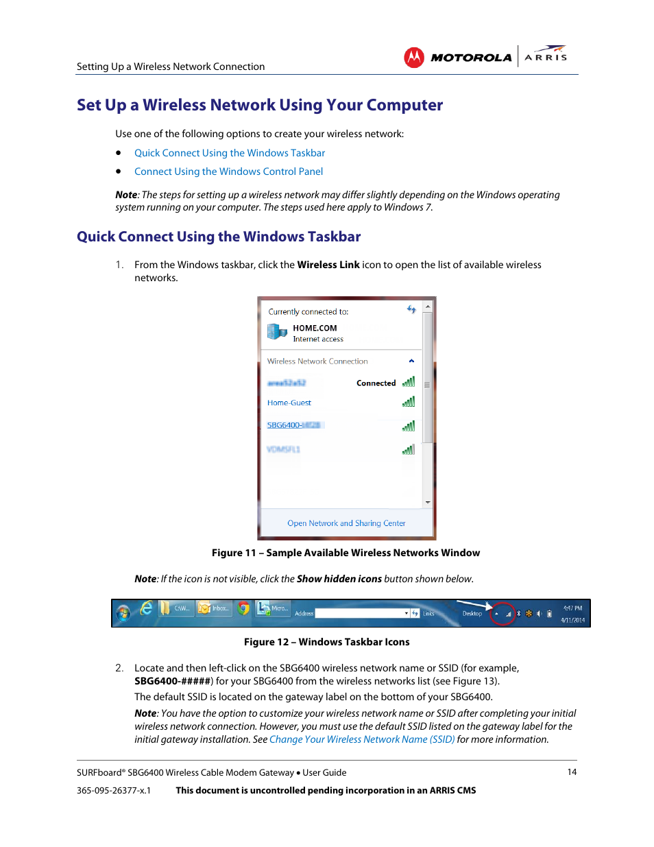 Set up a wireless network using your computer, Quick connect using the windows taskbar, Figure 12 – windows taskbar icons | ARRIS SBG6400 User Guide User Manual | Page 23 / 59