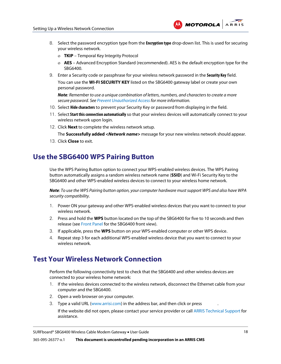 Use the sbg6400 wps pairing button, Test your wireless network connection | ARRIS SBG6400 User Guide User Manual | Page 27 / 59