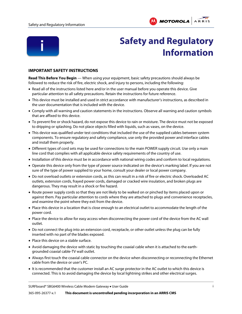 Safety and regulatory information | ARRIS SBG6400 User Guide User Manual | Page 3 / 59