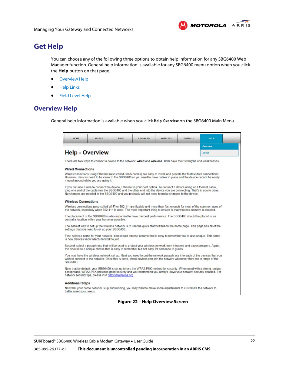 Get help, Overview help, Figure 22 – help overview screen | ARRIS SBG6400 User Guide User Manual | Page 31 / 59