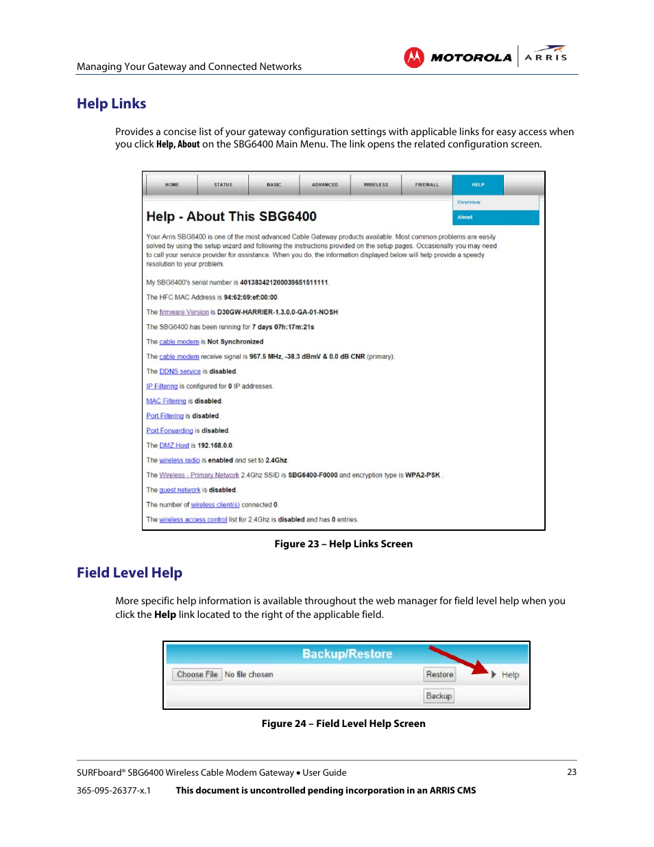 Help links, Field level help, Figure 23 – help links screen | Figure 24 – field level help screen | ARRIS SBG6400 User Guide User Manual | Page 32 / 59