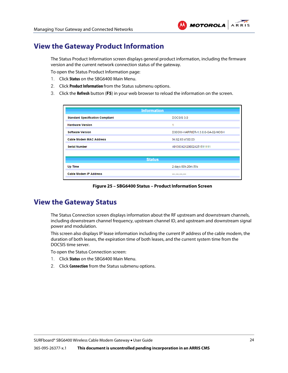 View the gateway product information, View the gateway status | ARRIS SBG6400 User Guide User Manual | Page 33 / 59